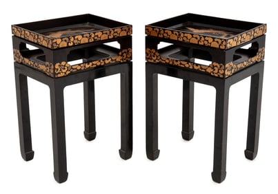 Japanese Gilt & Lacquer Tray Top Side Tables, Pair