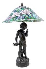 After Auguste Moreau Bronze and Leadlight Lamp