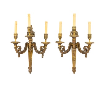 Neoclassical 3-Branch Gilt Bronze Sconces, Pair