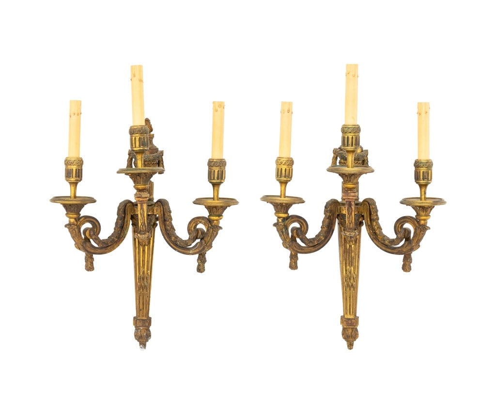 Neoclassical 3-Branch Gilt Bronze Sconces, Pair (1 of 8)