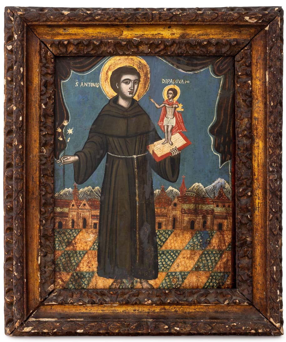 Byzantine Icon of Saint Anthony of Padua, 18th C.: Italian Icon of Saint Anthony of Padua, Oil on Panel, 18th century, holding a lily and book with baby Jesus both with gilt halos, carved wood frame. Image: 16.5" H x 13" W; frame: 23.5" H x 19.5" W x