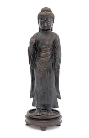 Chinese Standing Buddha Patinated Bronze Sculpture