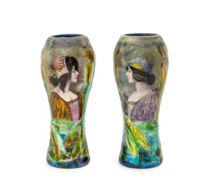 Camille Faure Attr. Enamel Portrait Vases, Pair