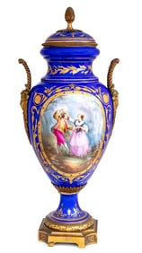 Sevres Style Blue Ground Porcelain Covered Vase
