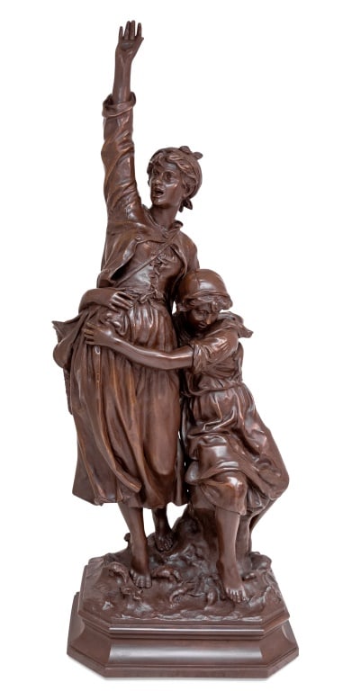 Marcel Debut "La Crie" Patinated Bronze, 19th C.: Marcel Debut (French, 1865-1933) "La Crie" [The Scream] Patinated Bronze Sculpture, late 19th century, depicting two women embracing, the taller with shrimp basket waving, on a conforming rocky base
