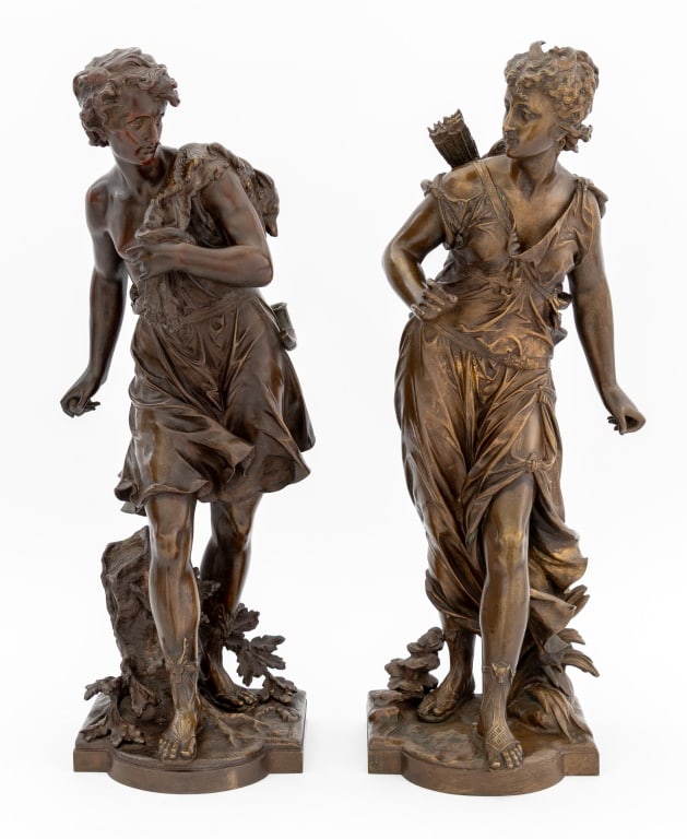 Auguste Moreau "Actaeon & Artemis" Bronzes, 2: Auguste Moreau (French, 1834-1917) "Actaeon" and "Artemis" Patinated Bronze Sculptures, late 19th century, each hunter standing on a foliate base signed "Moreau". Actaeon: 21" H x 8" W x 7" D; Artemis