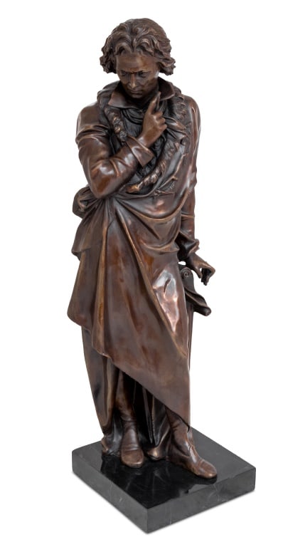 Figure of Beethoven Patinated Bronze Sculpture: Figure of Beethoven Patinated Bronze Sculpture, late 19th century, the standing composer in thought on a square black marble plinth. 28" H x 8" W x 8" D. Keywords: Ludwig van Beethoven, Bronzier, Stat