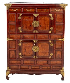 Korean Brass Mounted Elm Chest on Chest