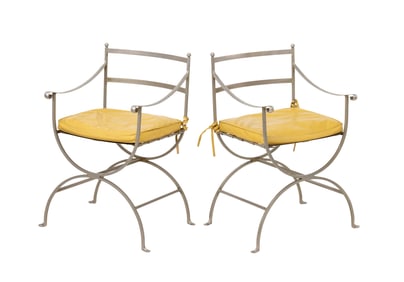 Maison Jansen Style Steel Curule Armchairs, Pair