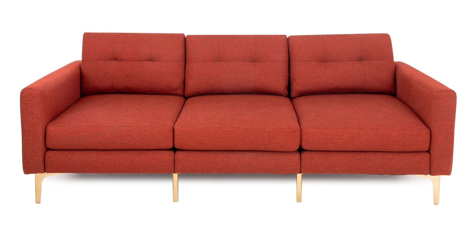 Florence Knoll Style Three Seat Sofa: Florence Knoll Style Three Seat Sofa, with red wool blend upholstery on six gold-tone legs. 31" H x 85" W x 33" D; seat: 17.5" H. Provenance: From a Brooklyn Collection. Keywords: Modern Furniture, Co