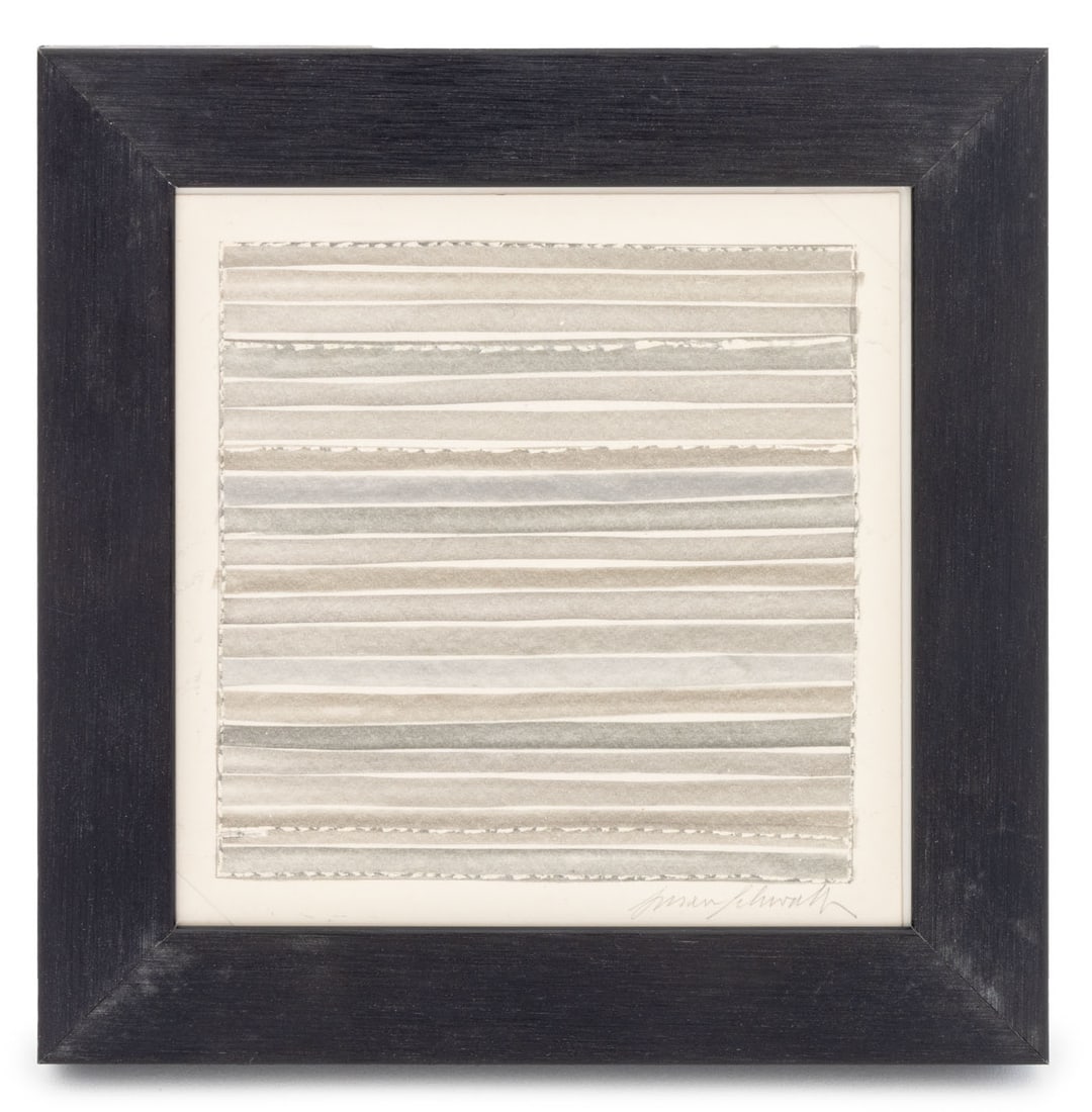 Susan Schwalb Lines Mixed Metalpoint, 2001: Susan Schwalb (American, b. 1944), Lines Composition, Copper, Gold, Platinum, Aluminum, Brass and Silverpoint on Clay Coated Paper, 2001, signed in pencil lower right, ebonized faux wood metal frame.