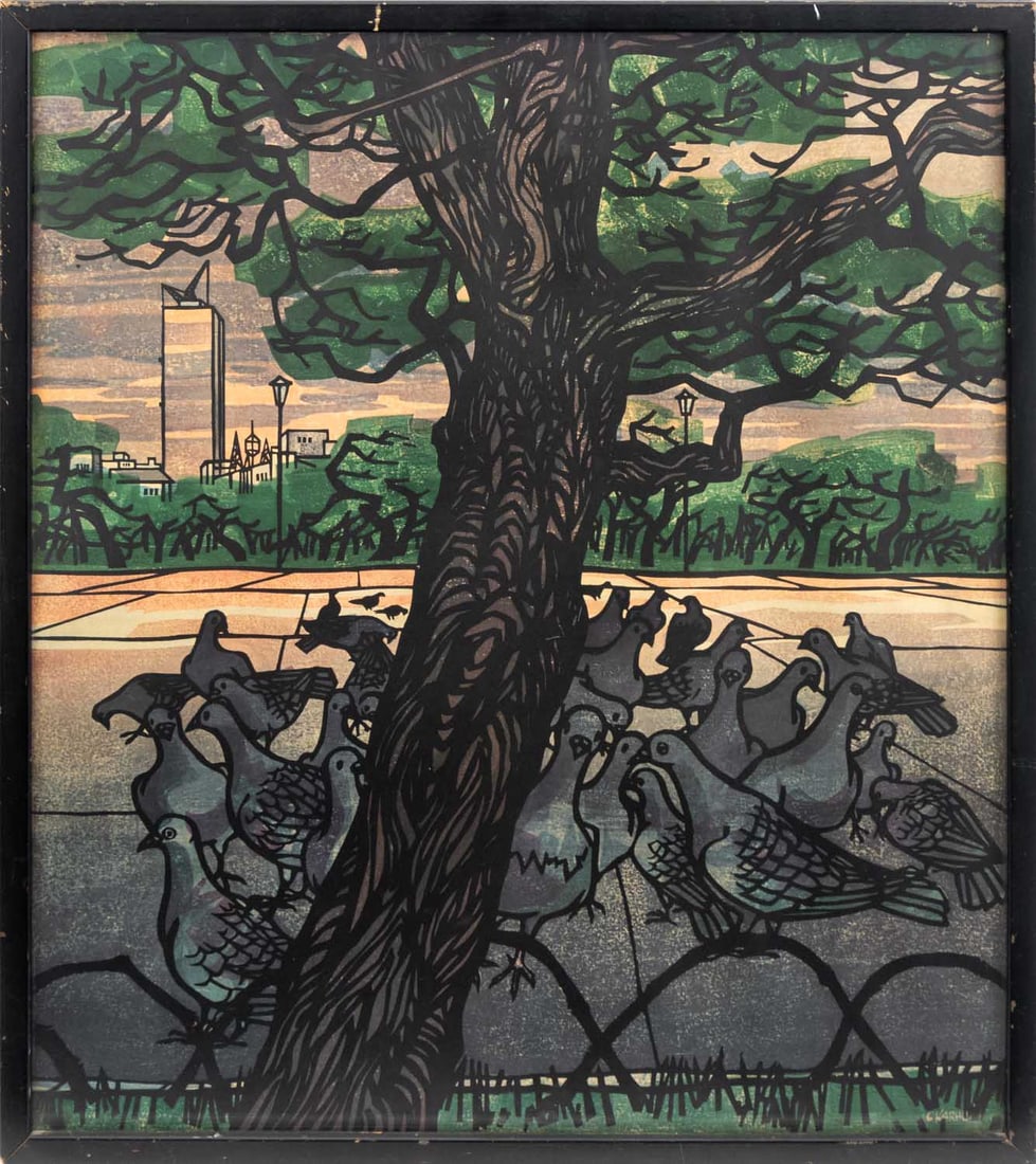 Clifton Karhu Landscape with Pigeons Lithograph: Clifton Karhu (American, 1927-2007), Landscape Scene with Pigeons, Lithograph in Colors, signed in print "C Karhu" lower right, ebonized wood frame. Image: 25.75" H x 22.75" W; frame: 27" H x 24.25" W