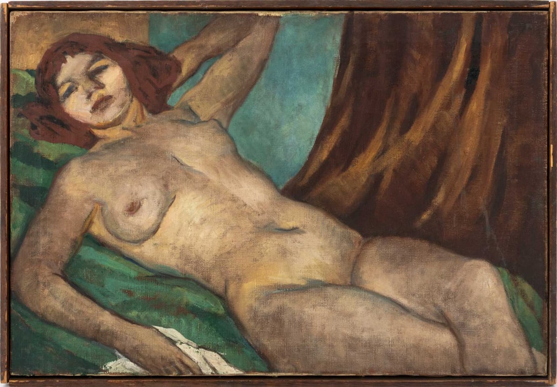 Hamilton Reclining Female Nude Oil on Canvas: Hamilton (American, XX), Reclining Female Nude Figure, Oil on Canvas, signed "Hamilton" verso, wood frame. Image: 20.5" H x 30" W; frame: 21.5" H x 31" W. Provenance: From the Allen Tucker Memorial Co