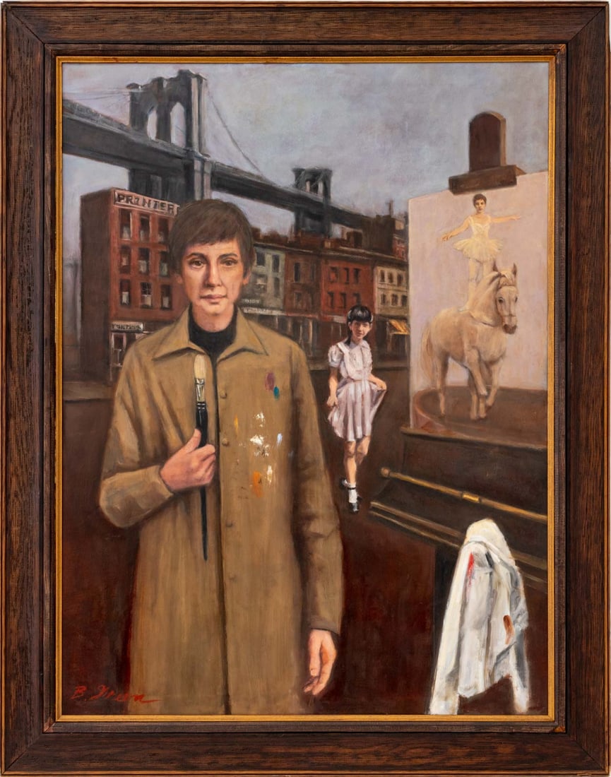 Barbara Green "The Connecting Bridge" Oil: Barbara Kur Green (American, b. 1942), "The Connecting Bridge", Oil on Linen, signed lower left, with artist label verso, wood frame. Image: 39.25" H x 29" W; frame: 46.5" H x 36.5" W x 1" D. Provenan