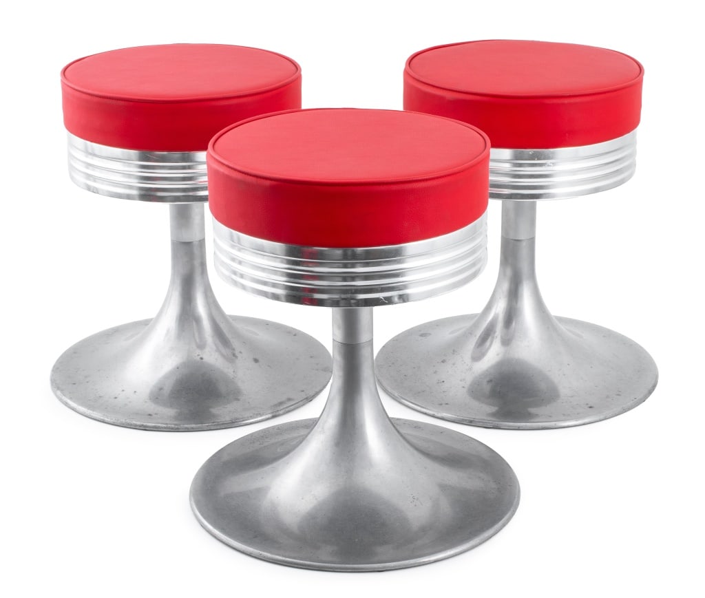 American Industrial Modern Aluminum Stools, 3: Set of Three American Industrial Modern Aluminum Stools, the seats upholstered in red faux leather, in the Art Deco taste. 18" H x 16" Diameter. Keywords: Industrialism, Retro, Vintage Furniture, Seat