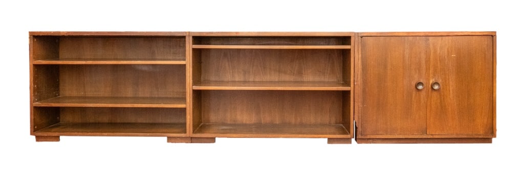 Mid-Century Modern Tile Top Walnut Cabinets, 3: Set of Three Mid-Century Modern Tiled Top Walnut Cabinets, one a fitted bar cabinet, one with tiled interior, apparently unmarked. Bar cabinet: 28" H x 34" W x 19" D; each shelving unit: 28" H x 40" W