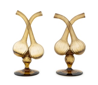 Murano Amber Glass Swan Neck Bottles, Pair