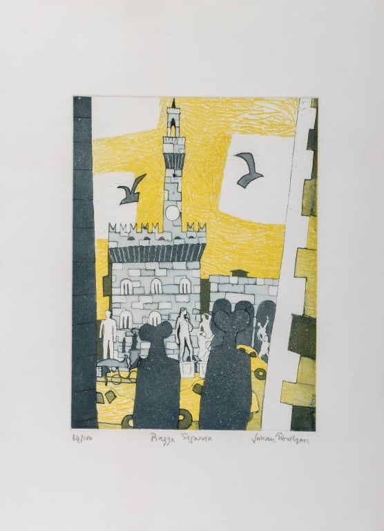 Julian Trevelyan "Piazza..." Etching & Aquatint: Julian Trevelyan (English, 1910-1988), "Piazza Signoria", Etching and Aquatint in Colors, signed in pencil lower right, titled lower center, and numbered "64 /100" lower left, inscribed and stamped "e