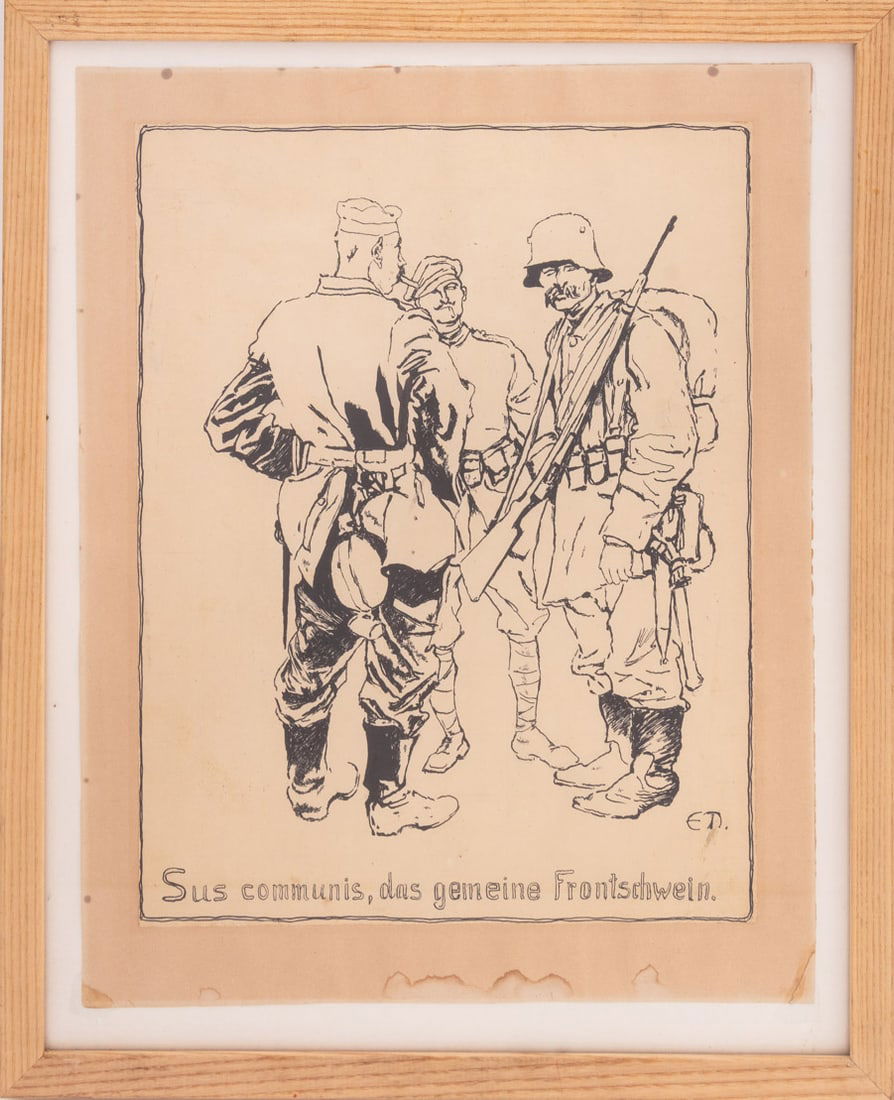 Edouard Thony "Sus Communis ..." Ink on Paper: Edouard Thony (German, 1866-1950), "Sus Communis, das gemeine Frontschwein" [The Common Front-Line Pig], Ink on Paper, 1910s, signed "ETh" lower right, wood frame. Image: 15.5" H x 12" W; frame: 21.5"