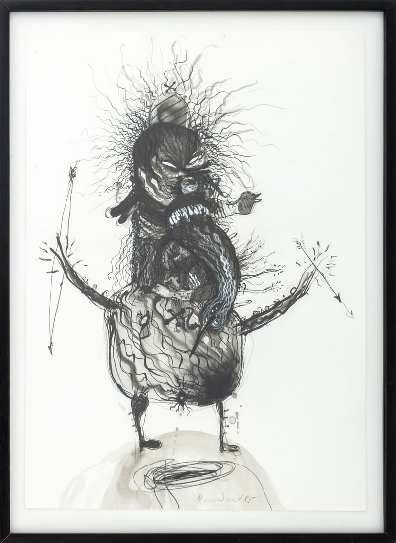 Robert Dandarov Surrealist Figure Ink, 1985: Robert Dandarov (Macedonian/American, b. 1959), Surrealist Figure, Ink and Watercolor on Paper, 1985, signed in pencil and dated lower center, ebonized wood frame. Image: 21.5" H x 15" W; frame: 24.5"