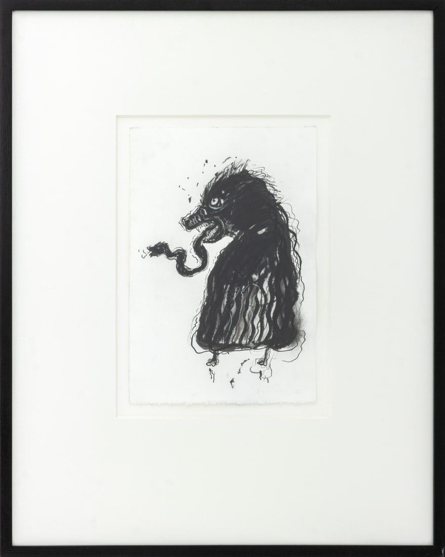 Robert Dandarov Snake Tongue Mixed Media, 1985: Robert Dandarov (Macedonian/American, b. 1959), Snake Tongue, Mixed Media on Paper, 1985, signed and dated lower right, ebonized wood frame. Image: 11" H x 7.5" W; 22.25" H x 18" W x 1.5" D. Provenanc