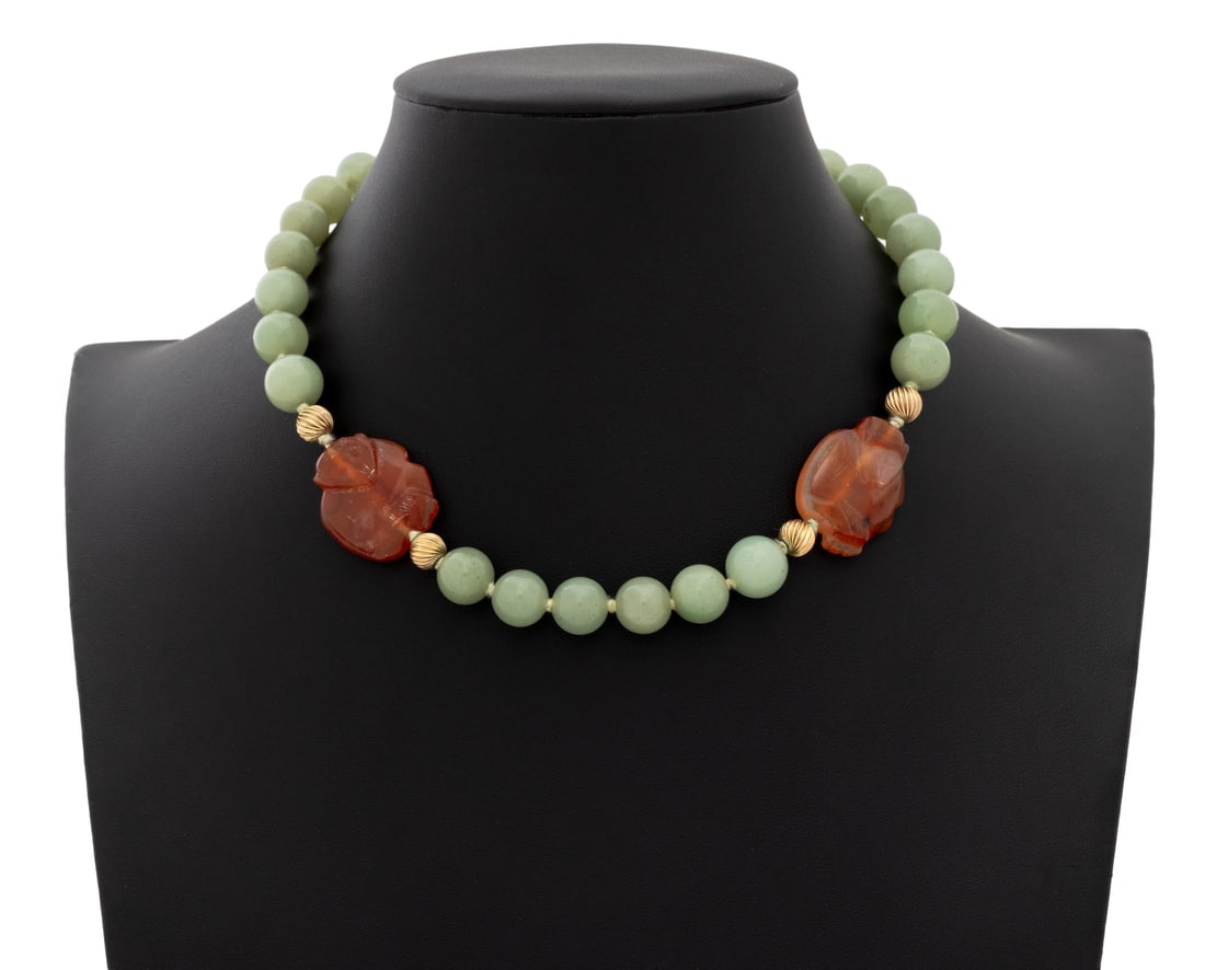 Italian 14K Yellow Gold Jade & Carnelian Necklace (1 of 6)