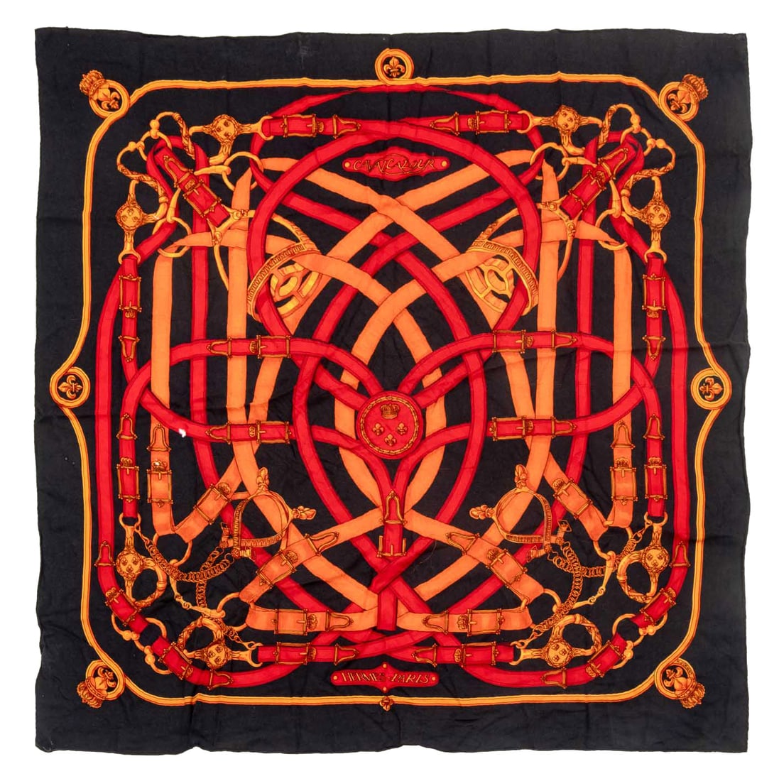 Hermes "Cavalcadour" Silk & Cashmere Shawl: Hermes "Cavalcadour" Pattern Silk Cashmere Blend Shawl, marked "Hermes Paris" in print and with label. 55" L x 55" W. Provenance: From a New York City Collection. Keywords: Scarf, Designer, French, Lu