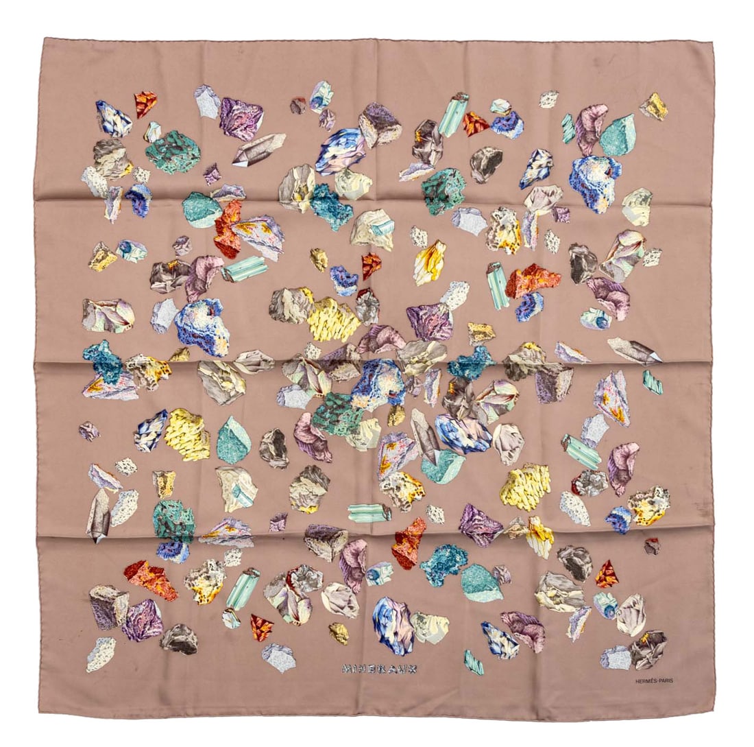 Hermes "Minervaux" Silk Scarf: Hermes "Minervaux" Silk Scarf, with brown background, marked "Hermes / Paris" lower right in print. 35" L x 34.5" W. Provenance: From the Collection of Laura and Lewis Kruger. Keywords: Fashion, Acces