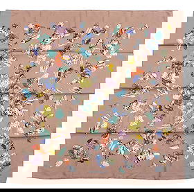 Hermes "Minervaux" Silk Scarf: Hermes "Minervaux" Silk Scarf, with brown background, marked "Hermes / Paris" lower right in print. 35" L x 34.5" W. Provenance: From the Collection of Laura and Lewis Kruger. Keywords: Fashion, Acces