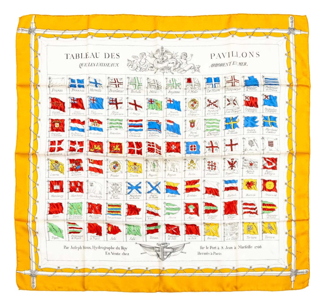 Hermes "Tableau de Pavillons" Silk Scarf: Hermes "Tableau de Pavillons" Silk Scarf, with white ground and yellow border, with "Made in France" and "100% Silk" labels. 32.5" L x 34.5" W. Provenance: From the Collection of Laura and Lewis Kruge