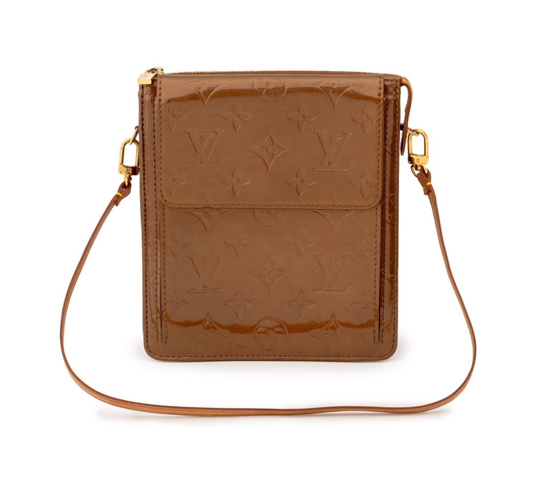 Louis Vuitton Monogram Brown Vernis Handbag: Louis Vuitton Monogram Brown Vernis Handbag, with tan leather removable handle, front flap pocket, and central zipper pocket with tan leather lining, marked "Louis Vuitton / Paris / Made in France".