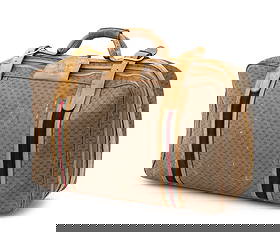 Gucci Monogrammed Canvas and Leather Suitcase: Gucci Monogrammed Canvas and Leather Suitcase, with green and red cotton stripes, with top handle and double leather closures, the single top zipper opening to one compartment with "Gucci" cotton inte