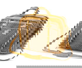 Gucci Monogrammed Canvas and Leather Boston Bag: Gucci Monogrammed Canvas and Leather Boston Travel Bag, the main case with top handle and shoulder strap, double strap to the front holding small carrying case with front pocket and zipper pocket, the