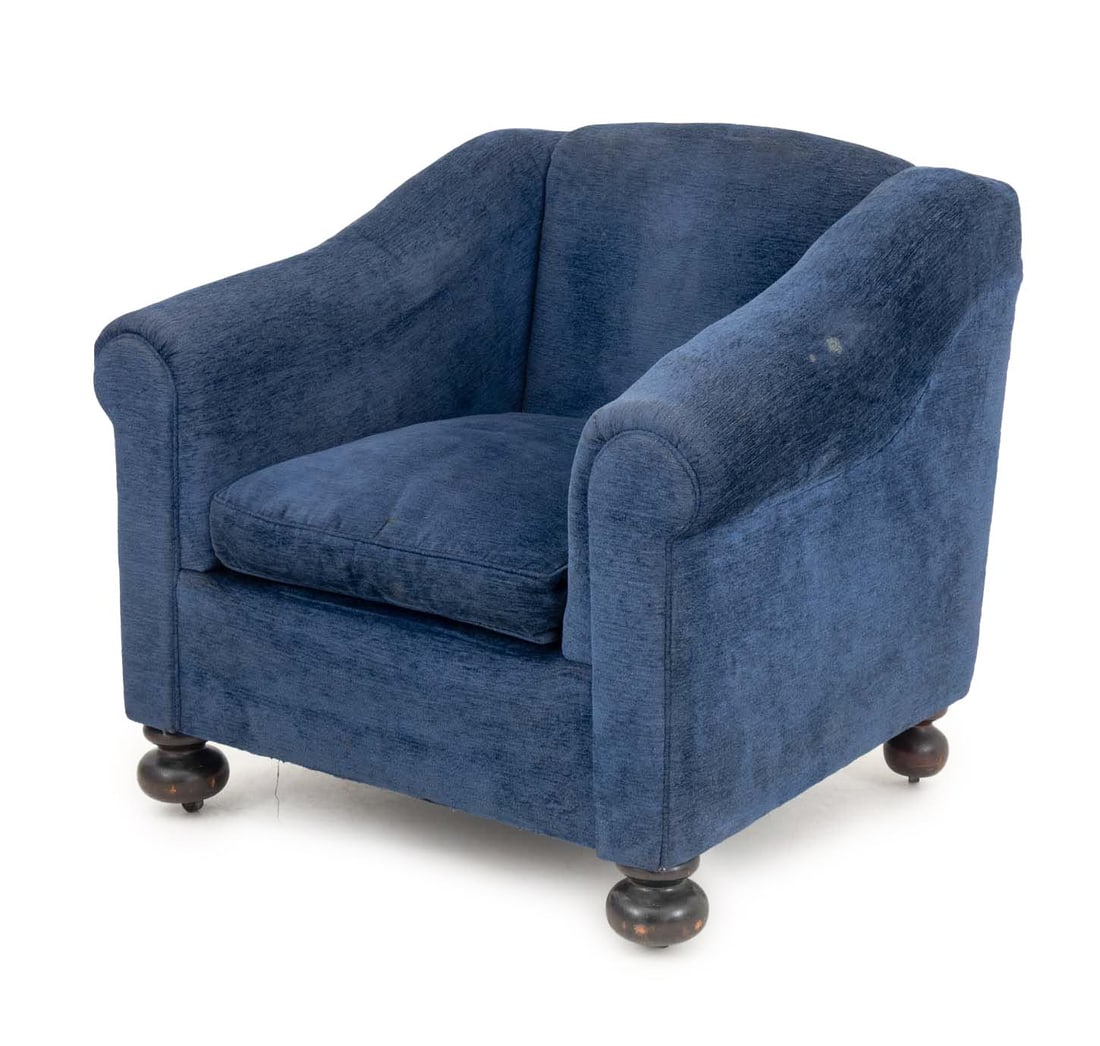 Art Deco Style Upholstered Club Chair: Art Deco Style Upholstered Club Chair, in blue chenille upholstery on four ebonized wood bun feet. 35" H x 38.5" W x 36" D; seat: 19" H. Provenance: From the Collection of Laura and Lewis Kruger.