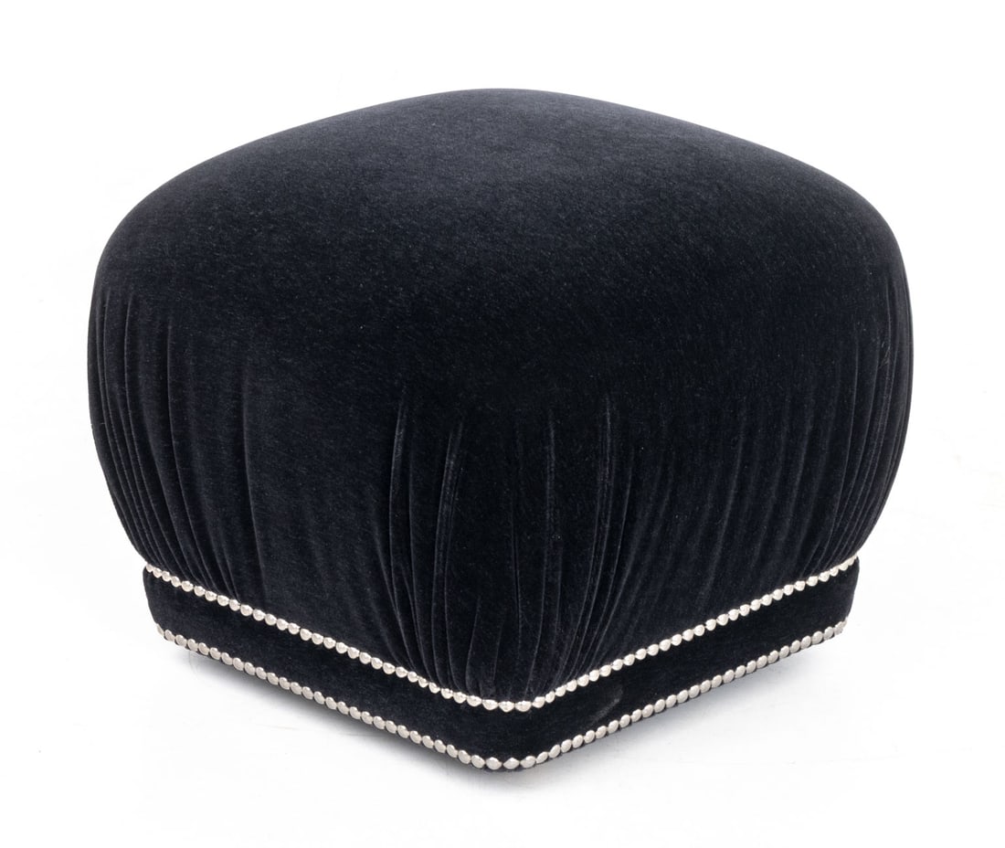 Modern Black Velvet Upholstered Ottoman: Modern Black Velvet Upholstered Ottoman, with studded nailhead details above four casters. 13" H x 17.5" W x 17.5" D. Provenance: From a 422 East 72nd Street Estate. Keywords: Contemporary Furniture,
