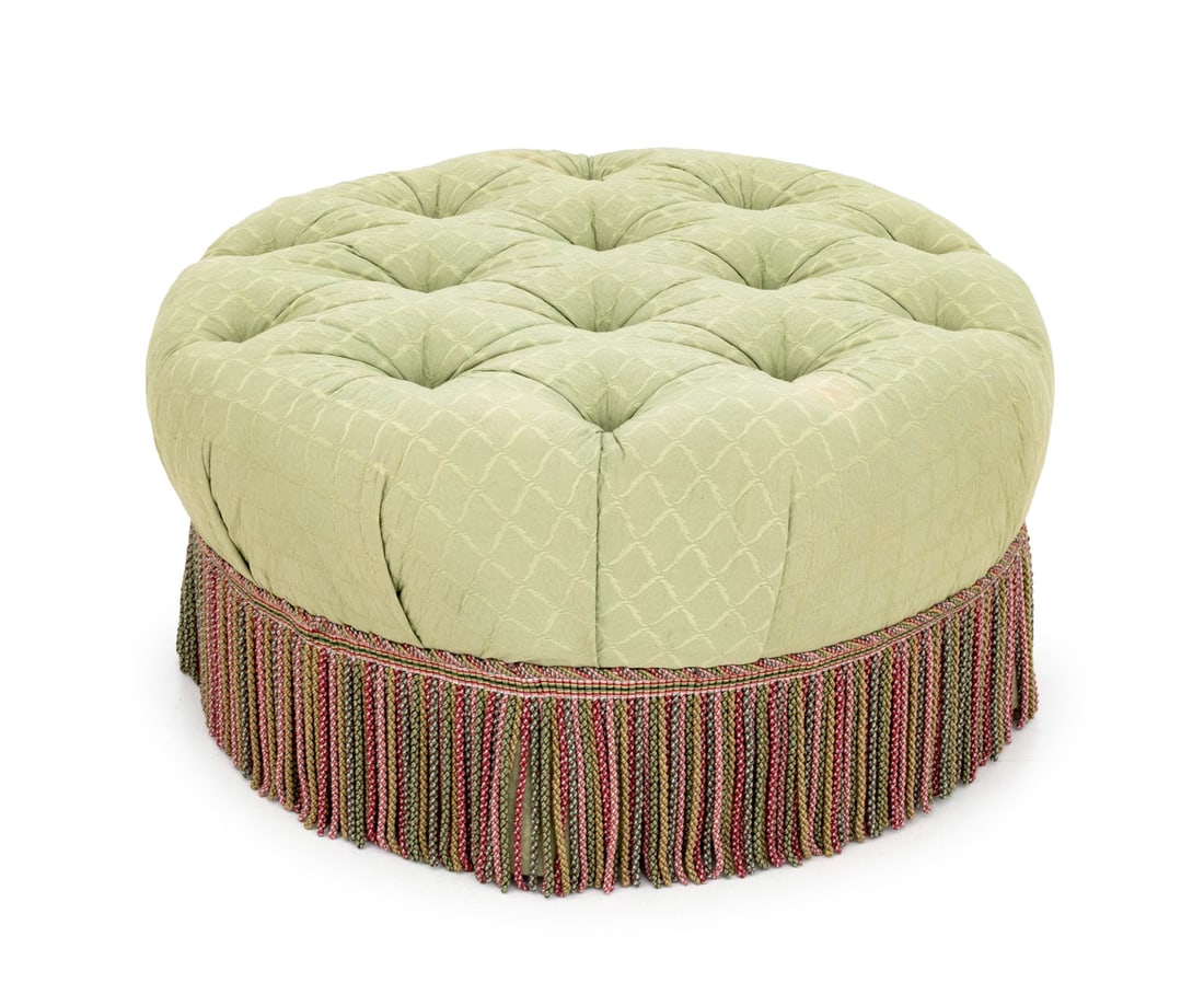 Green Upholstered Button-Tufted Ottoman: Green Upholstered Button-Tufted Circular Ottoman. 16" H x 32.5" Diameter. Provenance: From a 955 Fifth Avenue Apartment. Keywords: Modern Furniture, Seating, Pouf, Stool, Bench, Interior design,