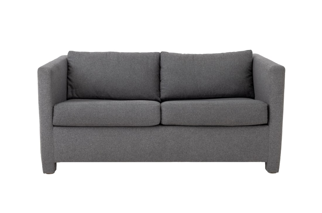 Gray Wool Blend Upholstered Sleeper Sofa: Gray Wool Blend Upholstered Sleeper Sofa, with twin size pull-out bed frame. 36.5" H x 59" W x 34" D; seat: 16" H. Provenance: From the Collection of Laura and Lewis Kruger. Keywords: Seating, Sofa,