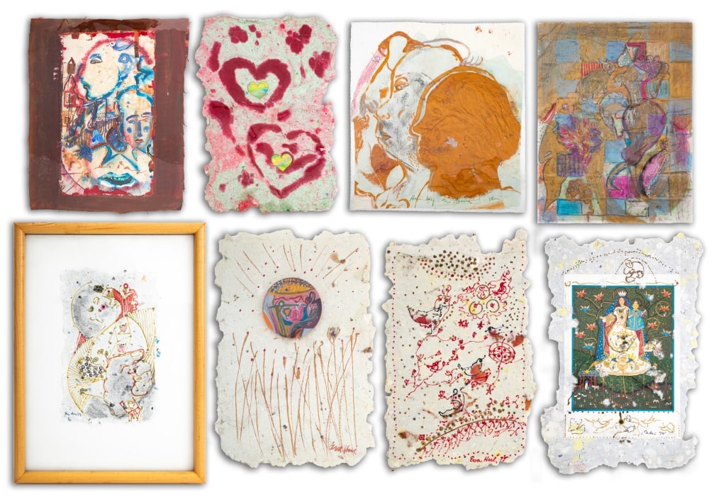 Eva Bouzard-Hui Surrealist Mixed Media on Paper, 8: Eva Bouzard-Hui (American, 1936-2023), Eight Surrealist Compositions, Mixed Media on Handmade Paper, seven in plastic, one in wood frame, comprising: "Hearts - Green Tinsel", 1999, label verso with