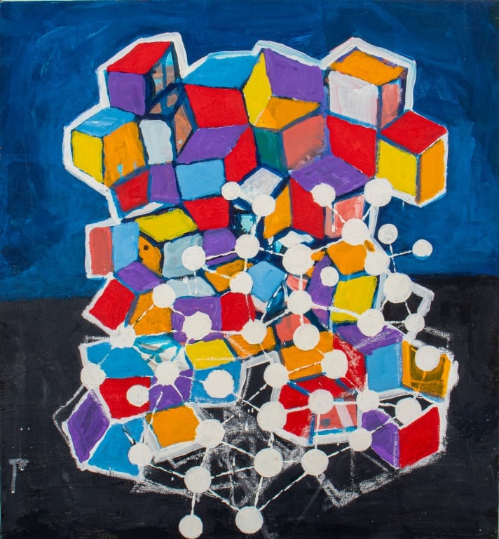 Domenick Capobianco Abstract Cubist Oil on Canvas: Domenick Capobianco (American b. 1928), Abstract Post-Cubist Composition, Oil on Canvas, depicting a colorful geometric structure on blue and black ground, "Studio Domenick Capobianco" stamp verso,