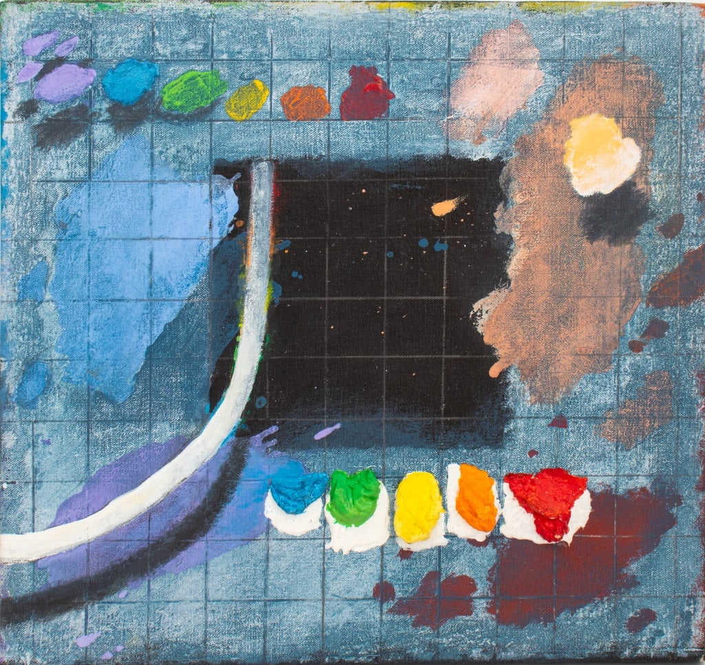 Domenick Capobianco Abstract Composition Oil: Domenick Capobianco (American, b. 1928), Abstract Composition, Oil on Canvas, apparently unsigned, marked verso with artist's studio stamp, unframed. 14" H x 15" W. Provenance: From the artist's