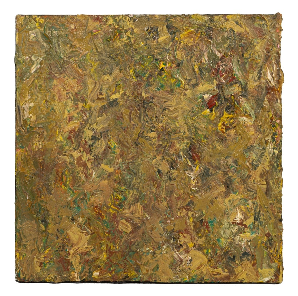 Andy Miller Abstract Composition Oil on Canvas: Andy Miller (American, b. 1950), Abstract Composition, Oil on Canvas, impasto details, light green-brown with reddish hues, unsigned, artist's studio stamp verso, unframed. 12.25" H x 12.25" W.