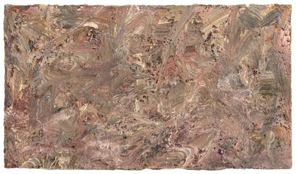 Andy Miller Abstract Composition Oil on Canvas: Andy Miller (American, b. 1950), Abstract Composition, Oil on Canvas, impasto details, in purple hues, unsigned, artist's studio stamp verso, unframed. 16" H x 28" W. Provenance: From the Studio of