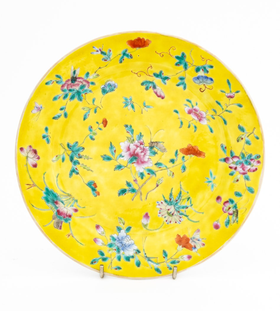 Chinese Famille Jaune Porcelain Plate: Chinese Famille Jaune Porcelain Plate, hand-enameled with chrysanthemum flowers and insects on a yellow ground, unmarked. 9" Diameter x 1" H. Provenance: From an Upper East Side Estate. Keywords: