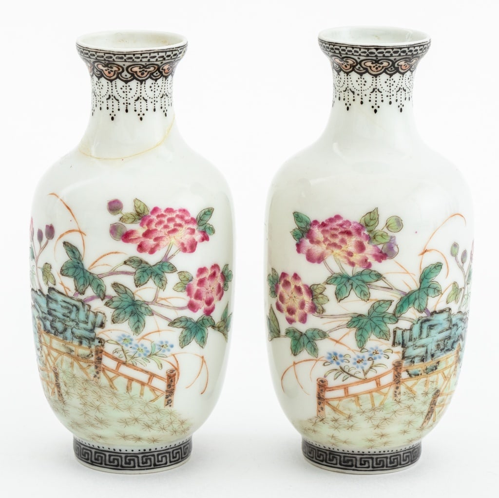 Chinese Famille Rose Eggshell Porcelain Vases, Pr.: Pair of Chinese Famille Rose Eggshell Porcelain Diminutive Vases, each hand-painted with a landscape scene of flowers and butterfly, blue four character seal mark to underside. Each overall: 4.25" H x