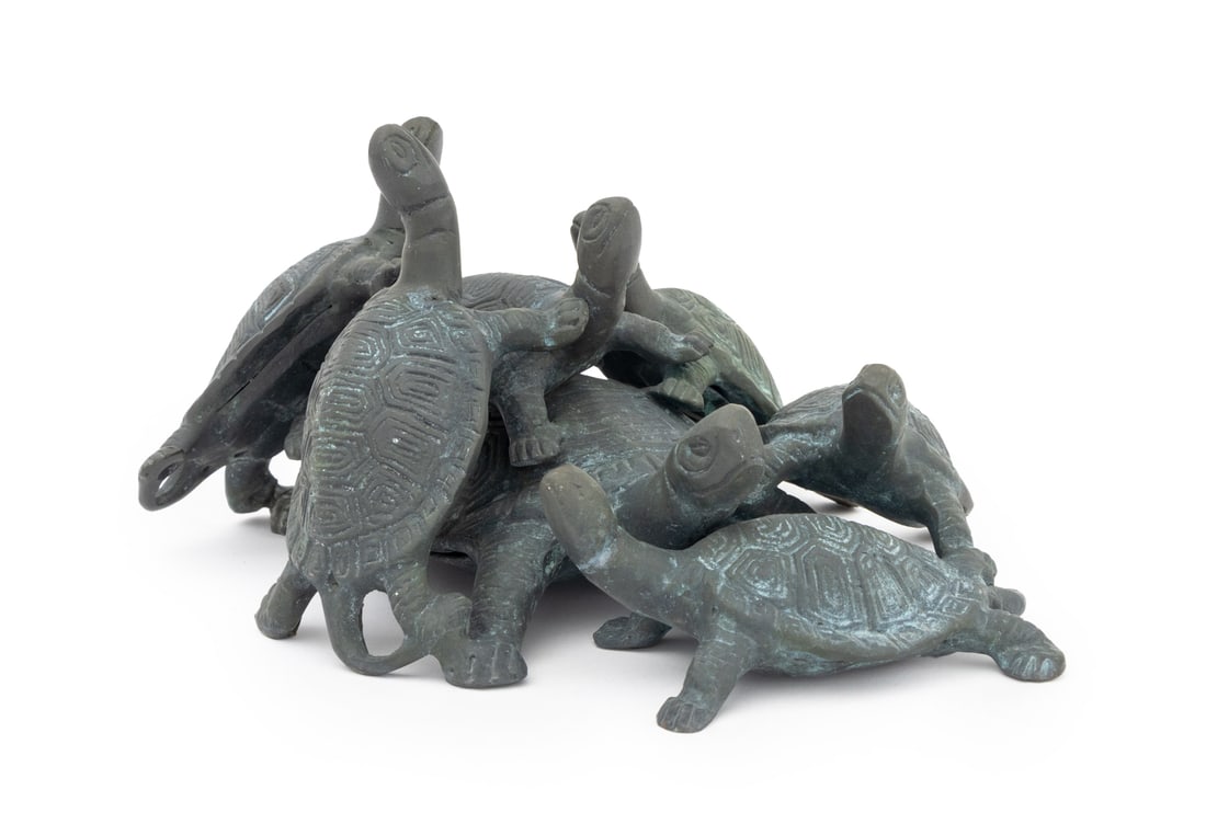 Japanese Style Turtle Group Bronze Sculpture: Japanese Style Turtle Group Patinated Bronze Sculpture, one large turtle with six smaller climbing atop, apparently unmarked. 5" H x 11" W x 8" D. Provenance: From a Greenwich, Connecticut Estate. Key