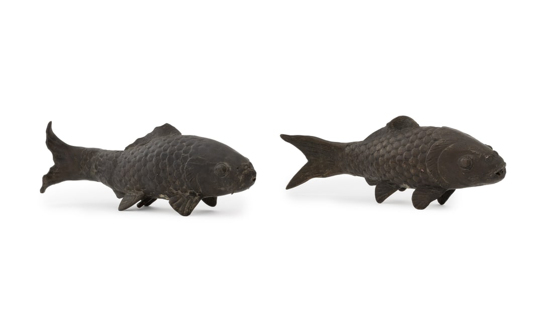 Japanese Koi Fish Patinated Metal Sculptures, Pair: Pair of Japanese Koi Fish Patinated Metal Sculptures, each marked "Japan" to underside. 4" H x 12" W x 3.25" D. Provenance: From a New York City Collection. Keywords: Asian Art, Meiji Period Style, An