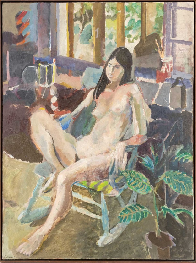 Lawrence Bernstein "Nude with Plant" Oil on Canvas: Lawrence Bernstein (American, 1928-2022), "Nude with Plant", Oil on Canvas, signed "L. Bernstein" lower left, gallery exhibition label verso, wood frame. Image: 48" H x 36" W; frame: 49.25" H x 36.75"