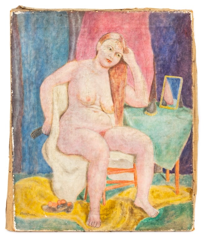 Elsie Price Seated Female Nude Oil on Canvas: Elsie Price (American, XX), Seated Female Nude, Oil on Canvas, signed lower left, double-sided with standing nude woman and signed verso, unframed. 22" H x 18.25" W. Provenance: From the Allen Tucker