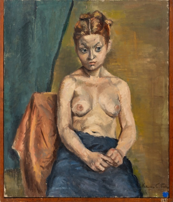 Katherine C. Farley Seated Semi-Nude Figure Oil: Katherine C. Farley (American, b. XX), Seated Semi-Nude Figure, Oil on Canvas, female figure in blue skirt, signed lower right, signed and marked "Brook AM" verso, partial wood frame. Overall: 24" H x