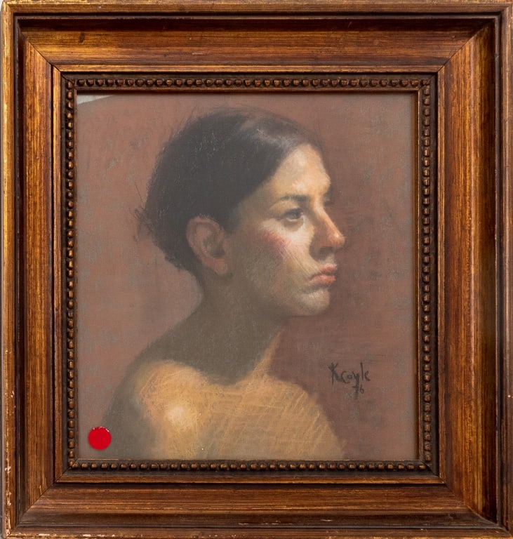 Kathleen Coyle Portrait of Woman Oil Pastel, 1976: Kathleen Coyle (American, b. 1957), Portrait of Woman, Oil Pastel on Gray Toned Paper, 1976, signed and dated lower right, Art Students League of New York label to reverse, giltwood frame. Image: 12"